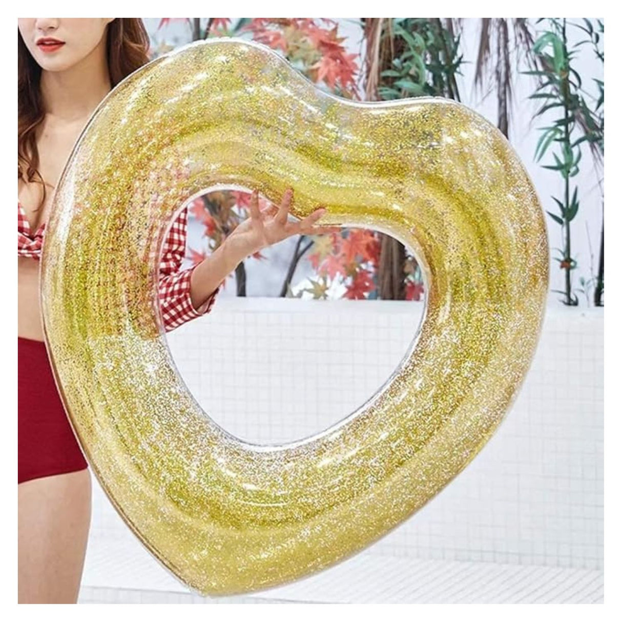 Flotador Corazón Inflable Brillos Dorado 90 cm de Diversión para piscina, playa y lago. Disfruta del sol con comodidad y estilo. ¡Llévalo contigo!-1-3