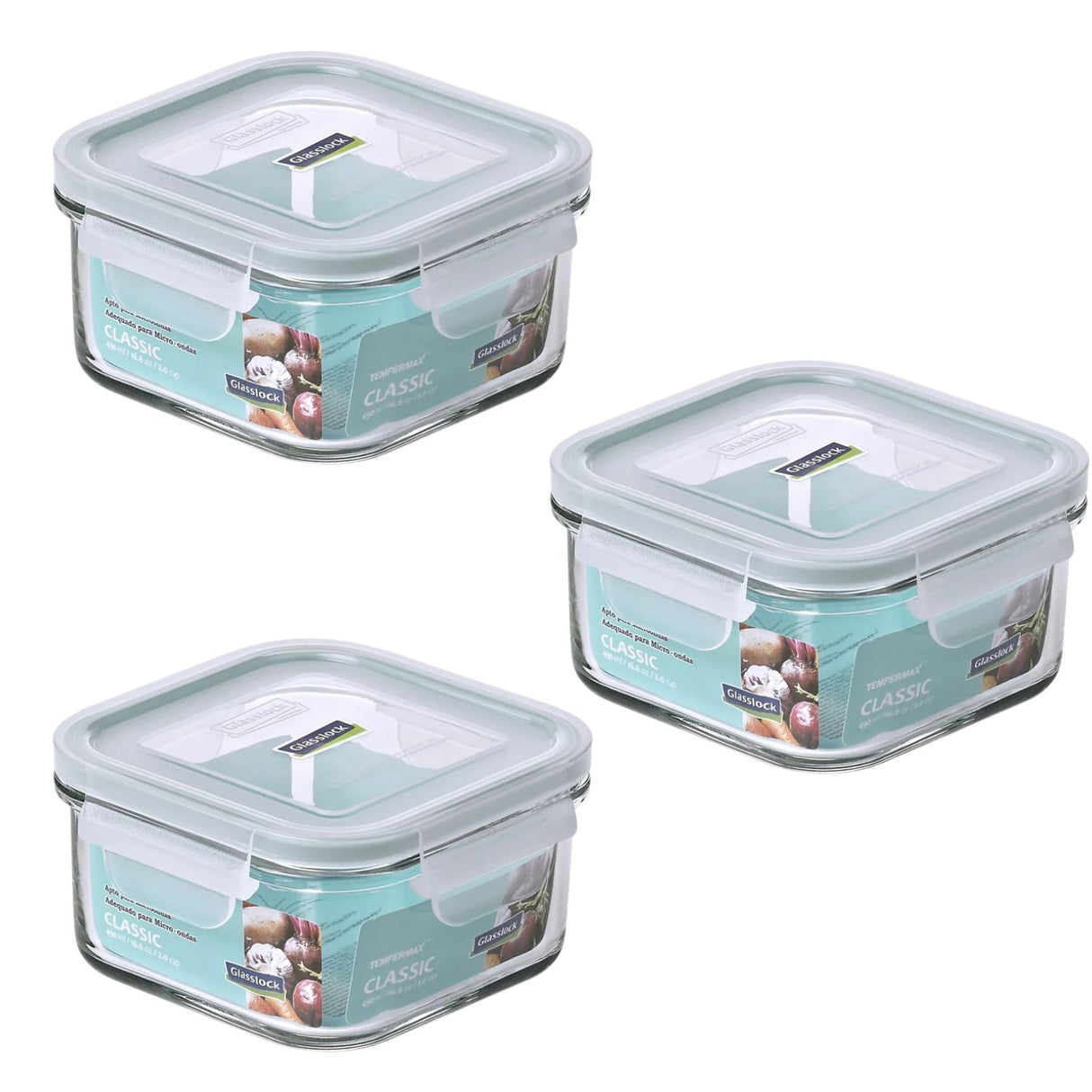 Pack 3 Contenedores Vidrio Hermetico Cuad 490mL Glasslock. Mantén tus alimentos frescos y organizados. ¡Compra ahora y mejora tu cocina!-1