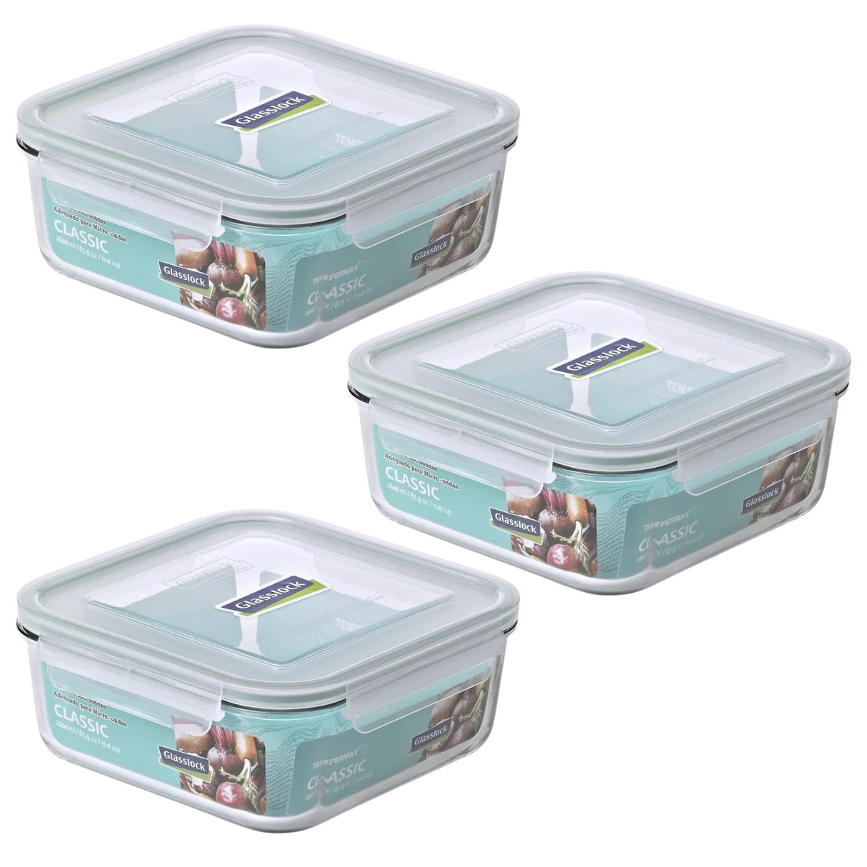 Pack 3 Contenedores Vidrio Hermetico Cuad 2600mL Glasslock. Mantén tus alimentos frescos y organizados. ¡Compra ahora y mejora tu cocina!-1