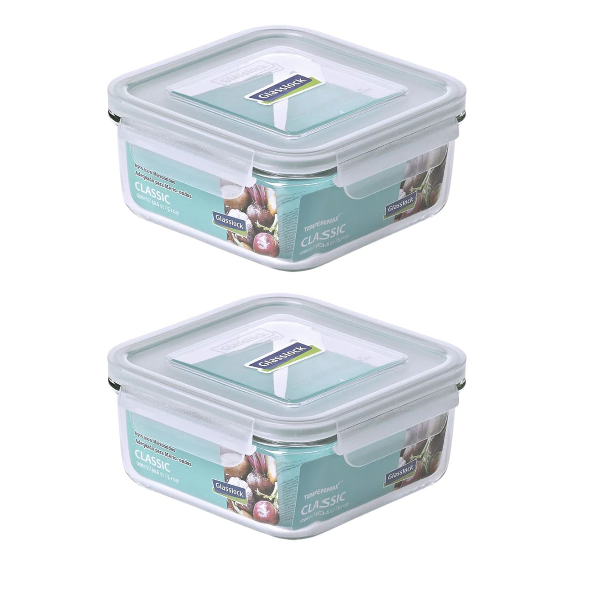 Pack 2 Contenedores Vidrio Hermetico Cuad 1200mL Glasslock. Mantén tus alimentos frescos y organizados. ¡Compra ahora y mejora tu cocina!-1