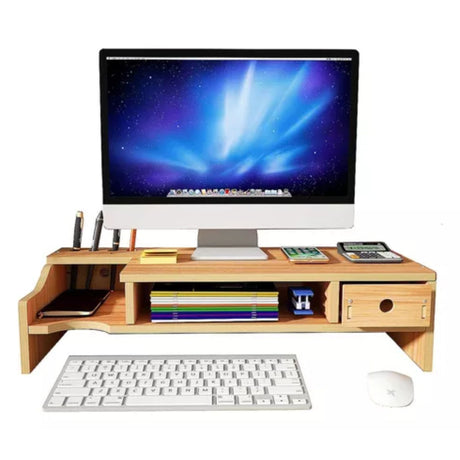 Elevador Monitor Madera Escritorio Oficina 48x24x12 cm con cajón y compartimentos. Mejora tu postura y organiza tu espacio. ¡Compra ahora!-1-1-1-1