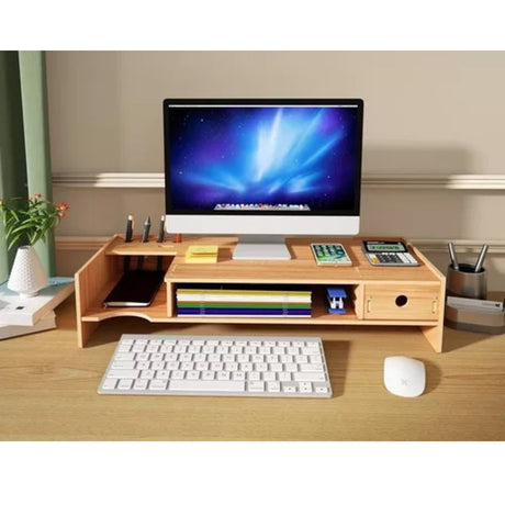 Elevador Monitor Madera Escritorio Oficina 48x24x12 cm con cajón y compartimentos. Mejora tu postura y organiza tu espacio. ¡Compra ahora!-1-2-1-1