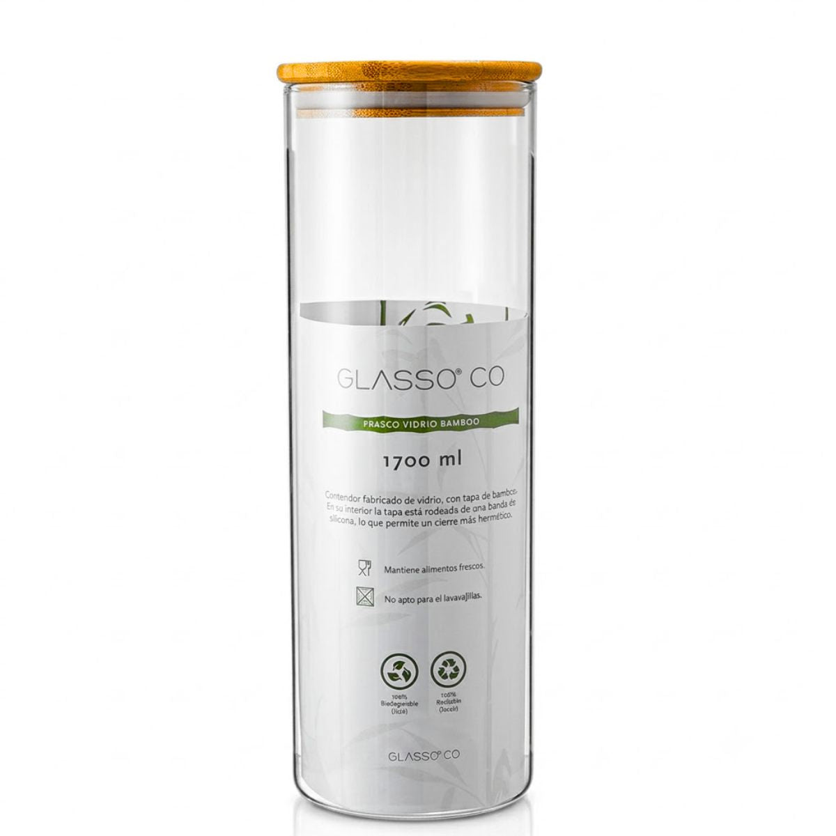 Frasco de Vidrio Hermetico 1,7 L Tapa de Bamboo Glasso