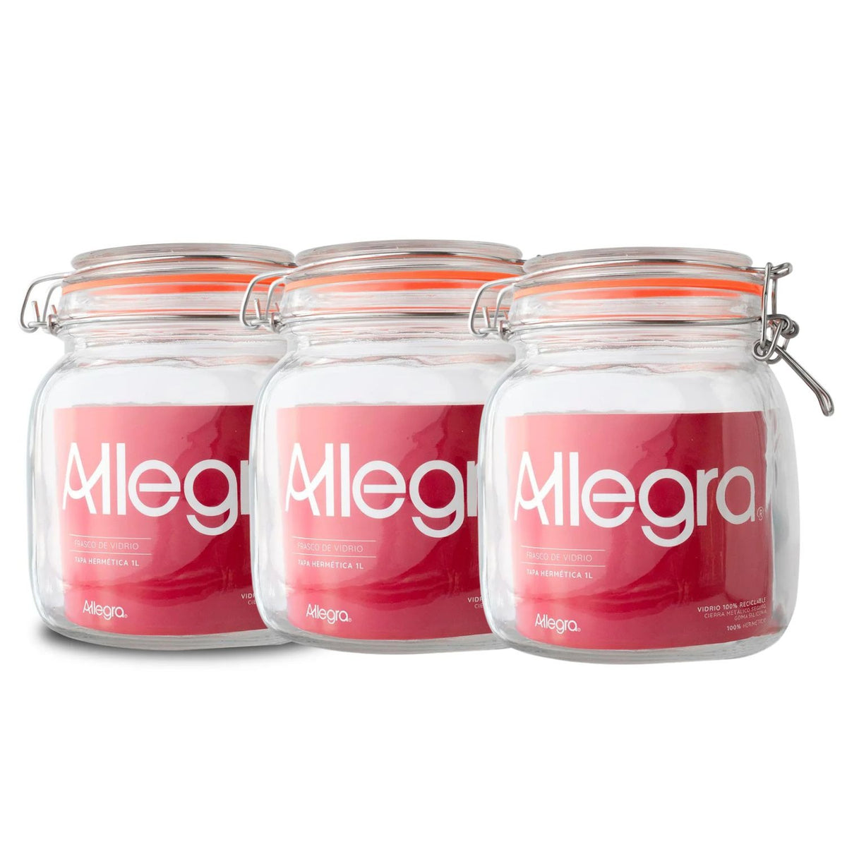 Set 3 Frascos Vidrio Con Tapa Hermetica De 1000mL Allegra
