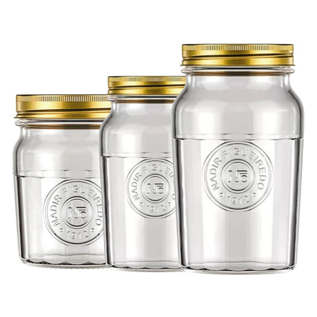 Set 3 Frascos Americano Vintage Nadir Vidrio Tapa Dorada. Perfectos para decorar y almacenar con estilo. ¡Compra ahora y transforma tu hogar!-1-1
