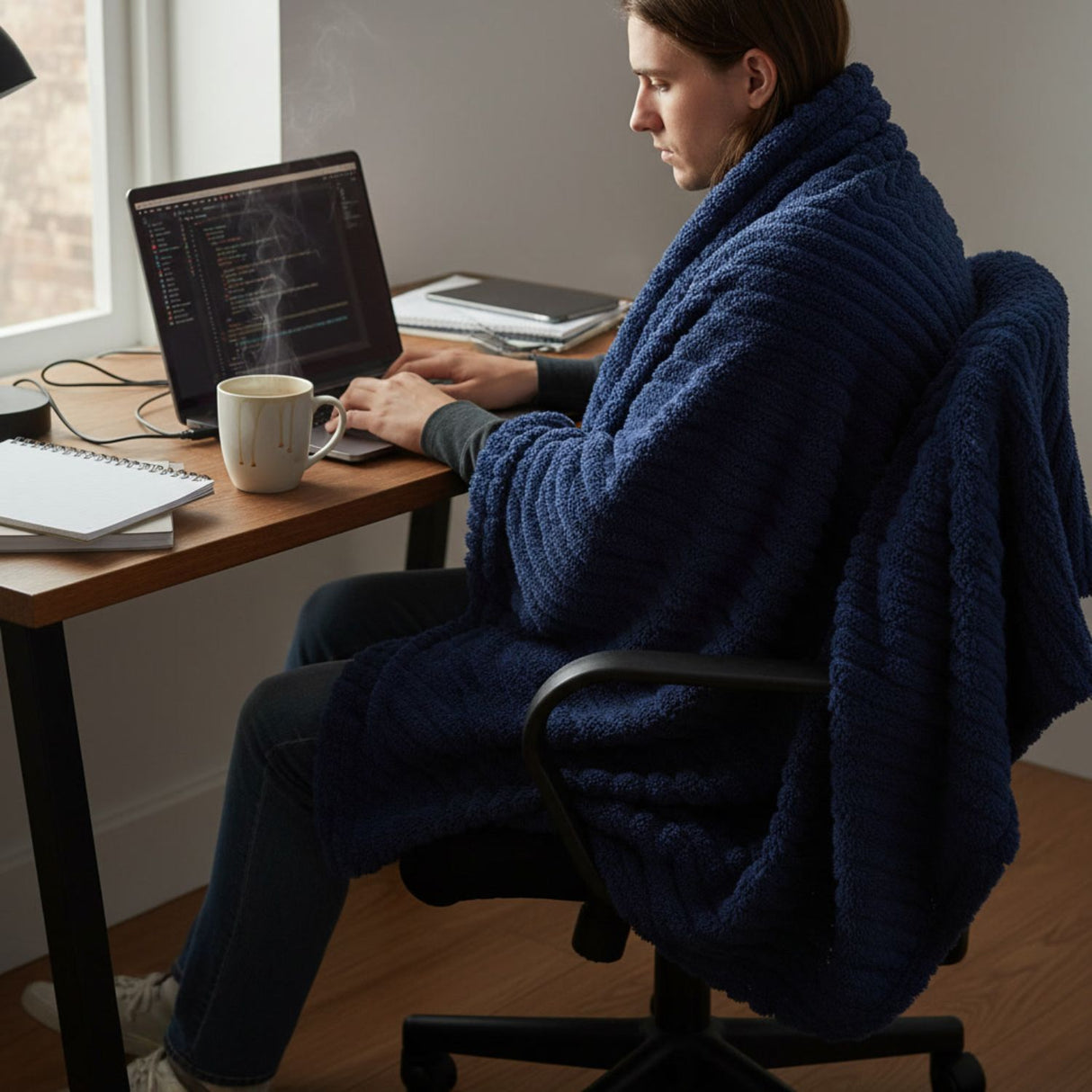 Manta Jacquard Polar Sherpa Martiné Azul Marino 127x152 cm. Abrigo suave y diseño moderno perfecto para dormitorio, living o descanso diario. ¡Compra la tuya!-4