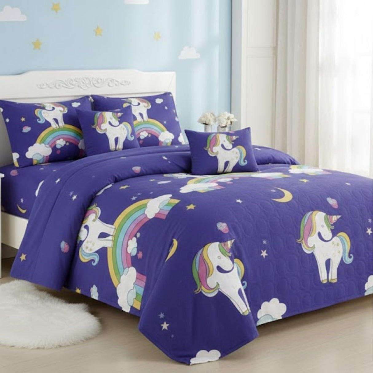 Juego de Sábanas Infantil Unicornio Morado 1.5 Plazas Poliéster Diseño Arcoíris | Disparo.cl