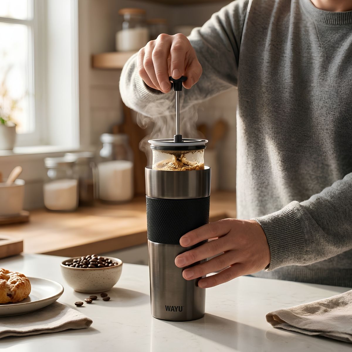 Mug Térmico con Prensa Francesa Black 450ml Wayu lifestyle | Disparo.cl