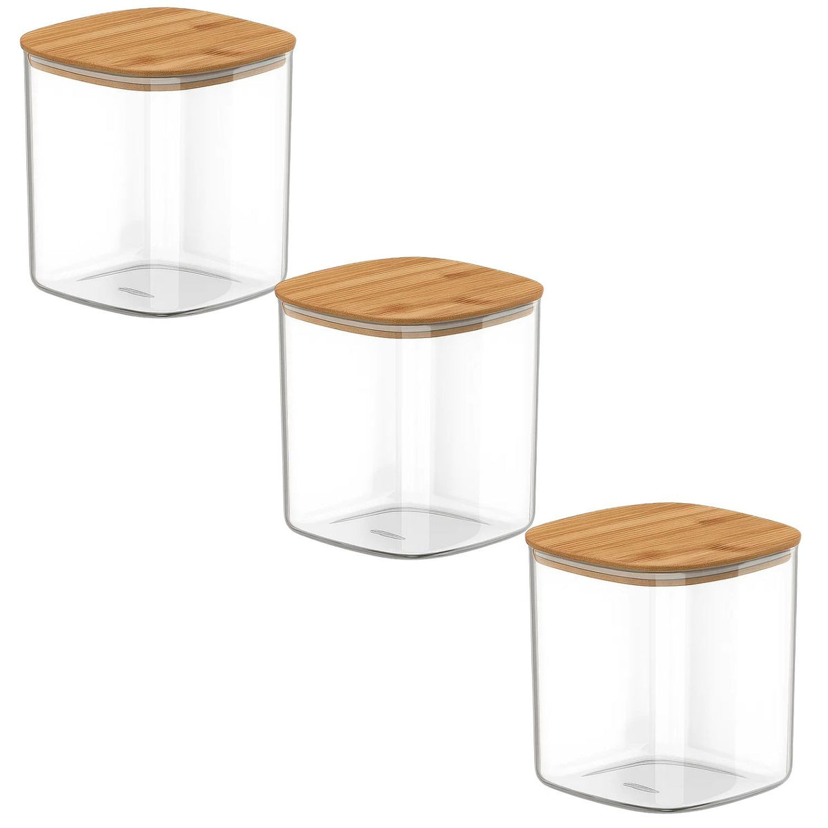 Set 3 Frasco Hermetico Cuadrado 180mL Vidrio 6cm Tapa Bambú