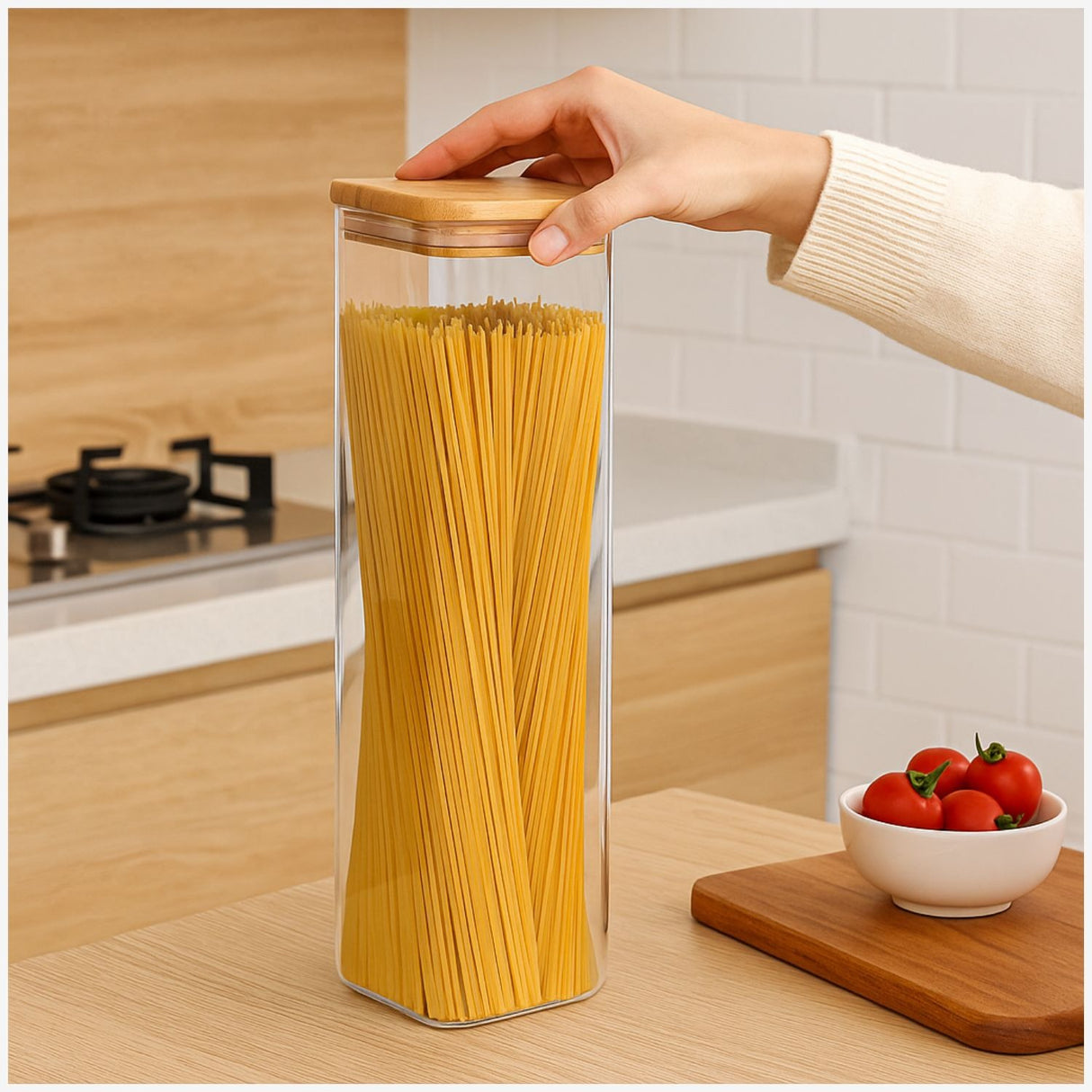 Set 3 Frascos Hermetico 680mL Cuadrado Vidrio 20cm Tapa Bambú