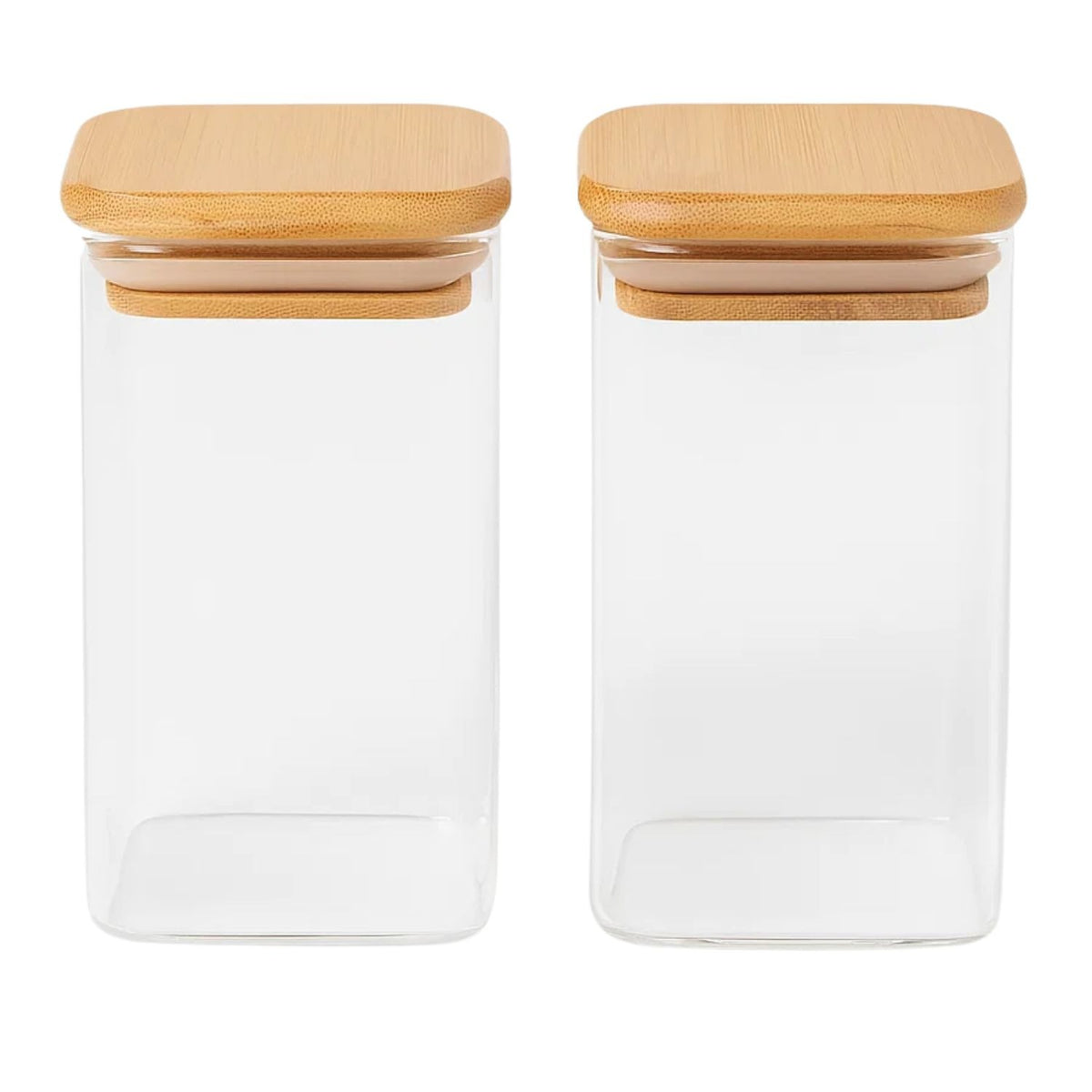 Set 2 Frasco Hermetico 600mL Vidrio Cuadrado 12cm Bambú
