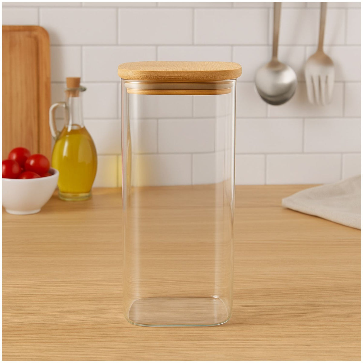 Frasco Hermetico Cuadrado 1400mL Vidrio 15cm Con Tapa Bambú
