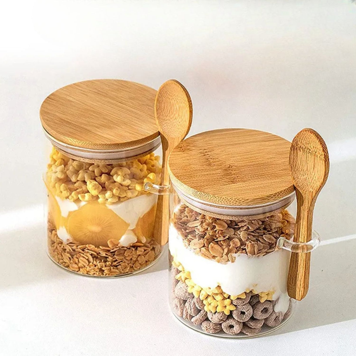 Set 2 Frascos Hermeticos 700mL 10cm Redondo Cuchara Tapa Bambú