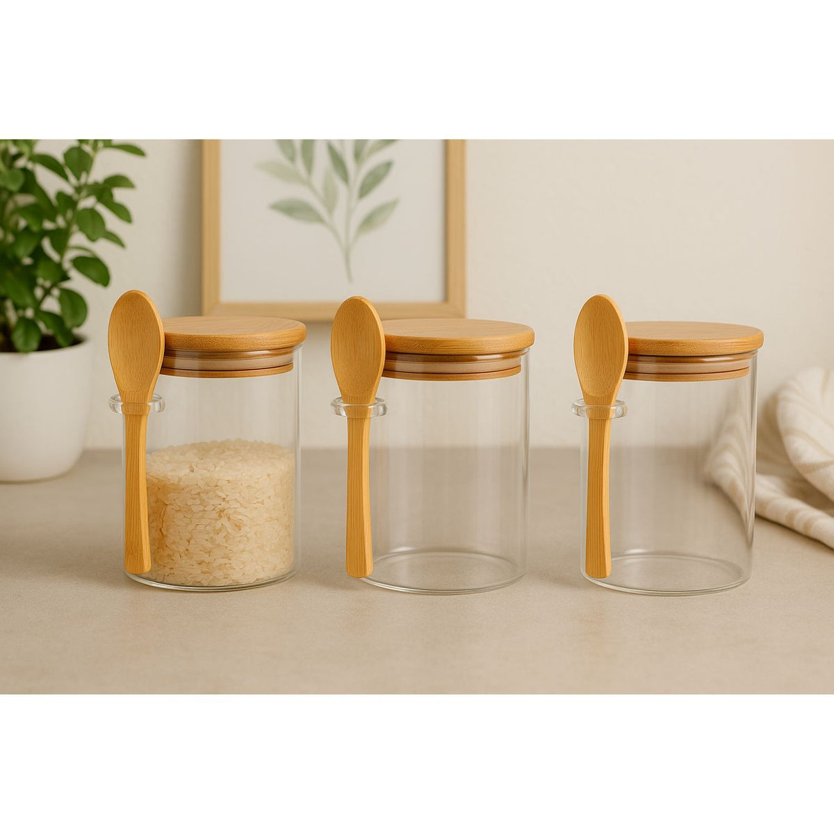 Set 3 Frascos Hermeticos 700mL 10cm Redondo Cuchara Tapa Bambú