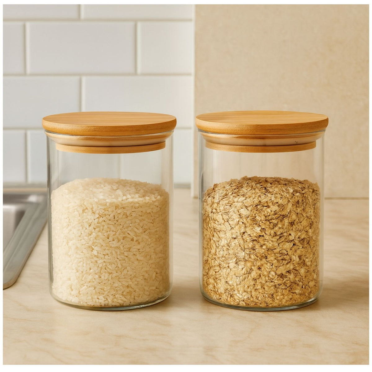 Set 2 Frascos Hermeticos 860mL 12cm Redondo Cuchara Tapa Bambú