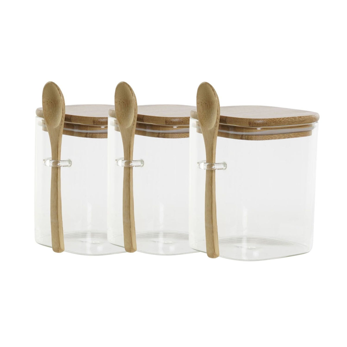 Set 3 Frascos Contenedores 570mL 10cm Cuadrado Cuchara Bambú