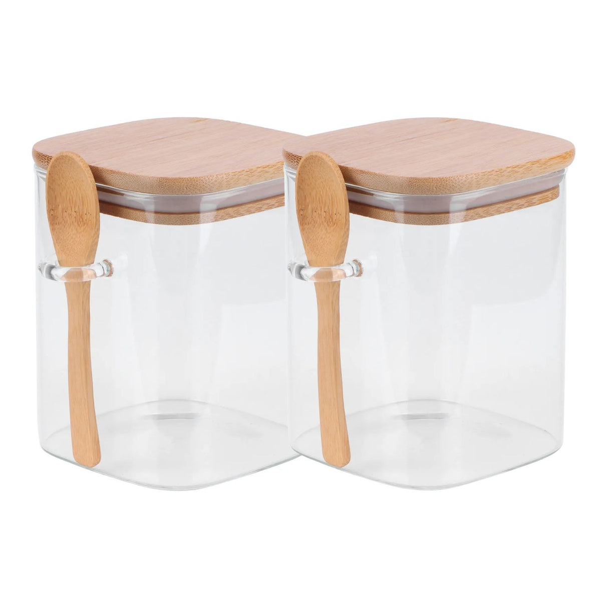 Set 2 Frascos Contenedores 700mL 12cm Cuadrado Cuchara Bambú