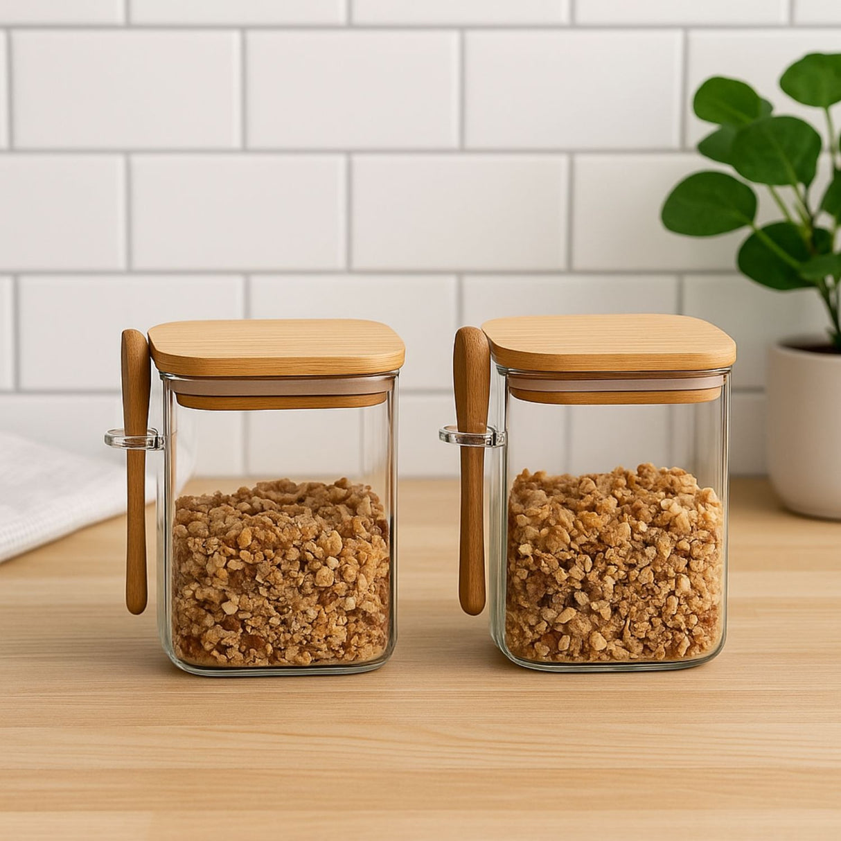 Set 2 Frascos Contenedores 700mL 12cm Cuadrado Cuchara Bambú