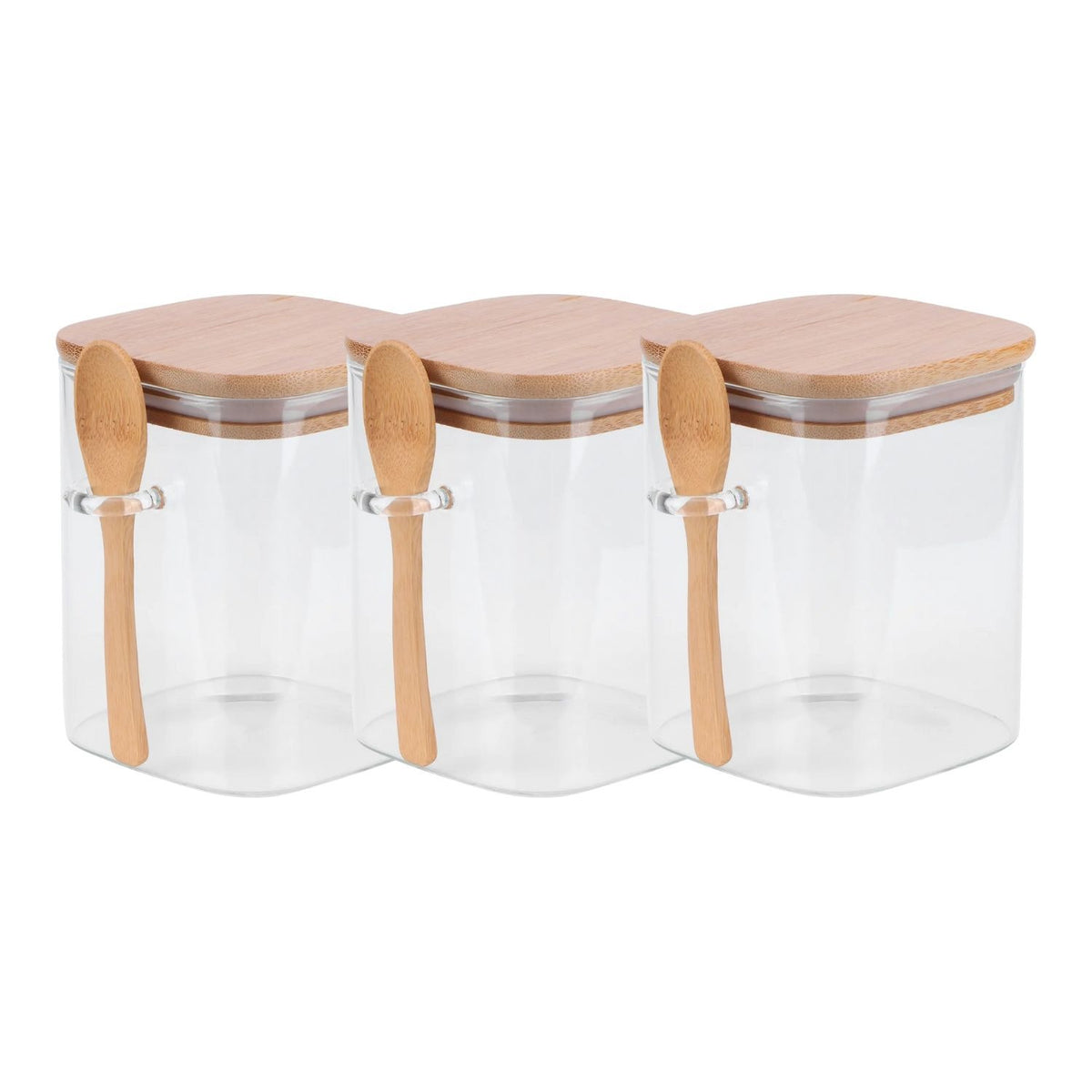 Set 3 Frascos Contenedores 700mL 12cm Cuadrado Cuchara Bambú