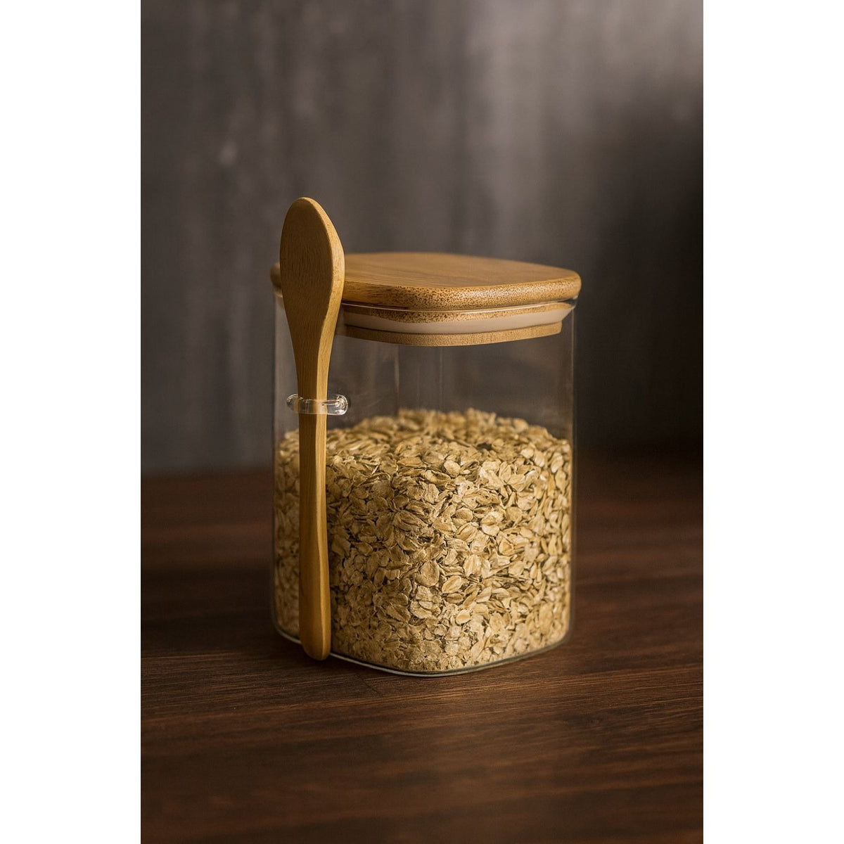 Set 3 Frascos Contenedores 700mL 12cm Cuadrado Cuchara Bambú