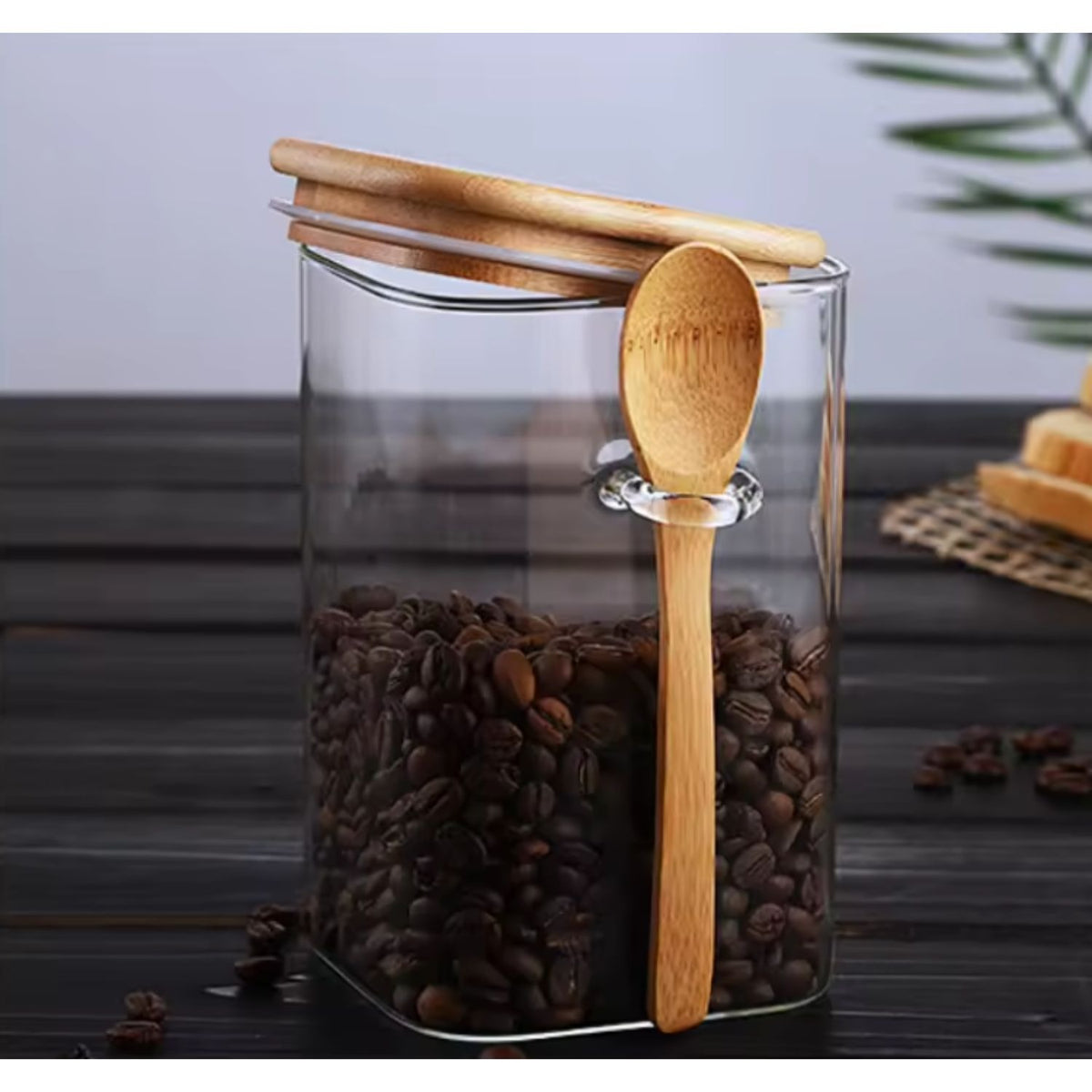 Set 3 Frascos Contenedores 700mL 12cm Cuadrado Cuchara Bambú