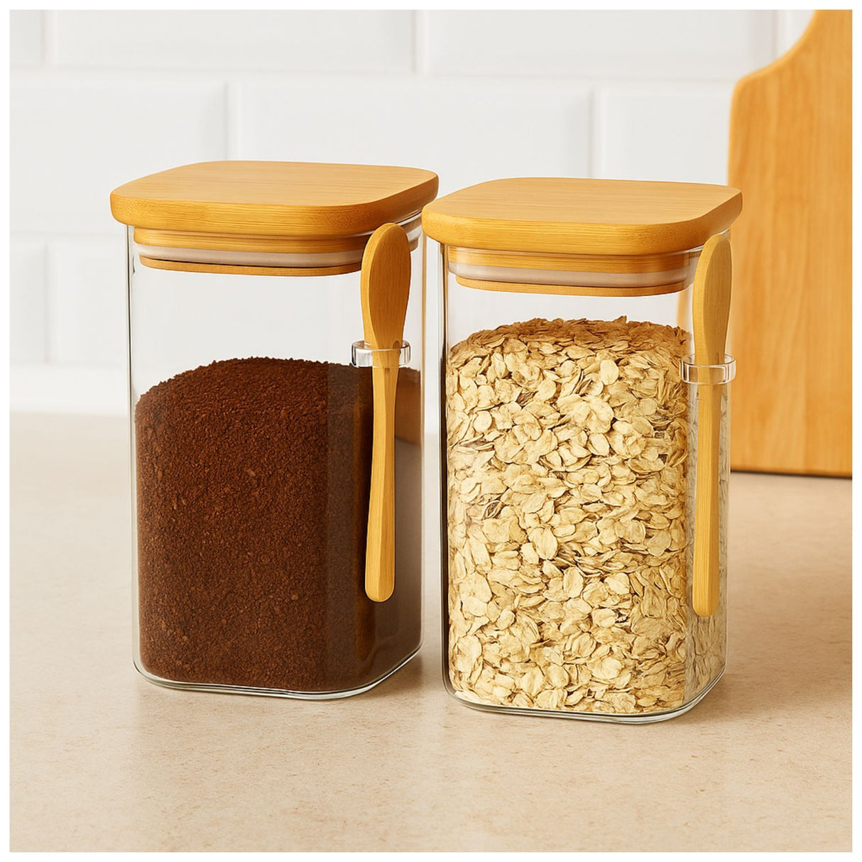 Set 2 Frascos Contenedores 900mL Vidrio 15cm Cuadrado Cuchara