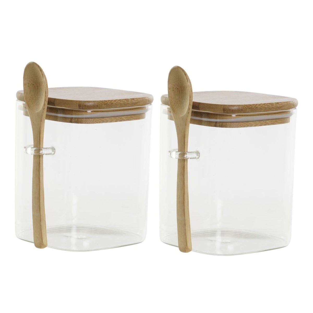 Set 2 Frasco Contenedor 900mL 10cm Cuadrado Cuchara Bambú