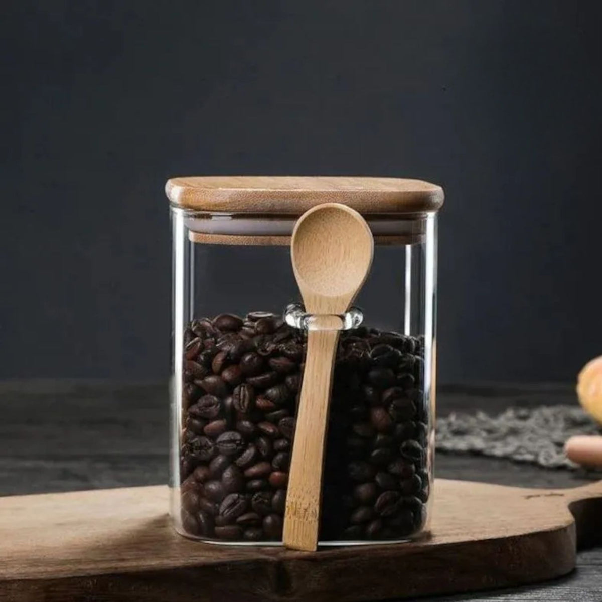 Set 2 Frasco Contenedor 900mL 10cm Cuadrado Cuchara Bambú