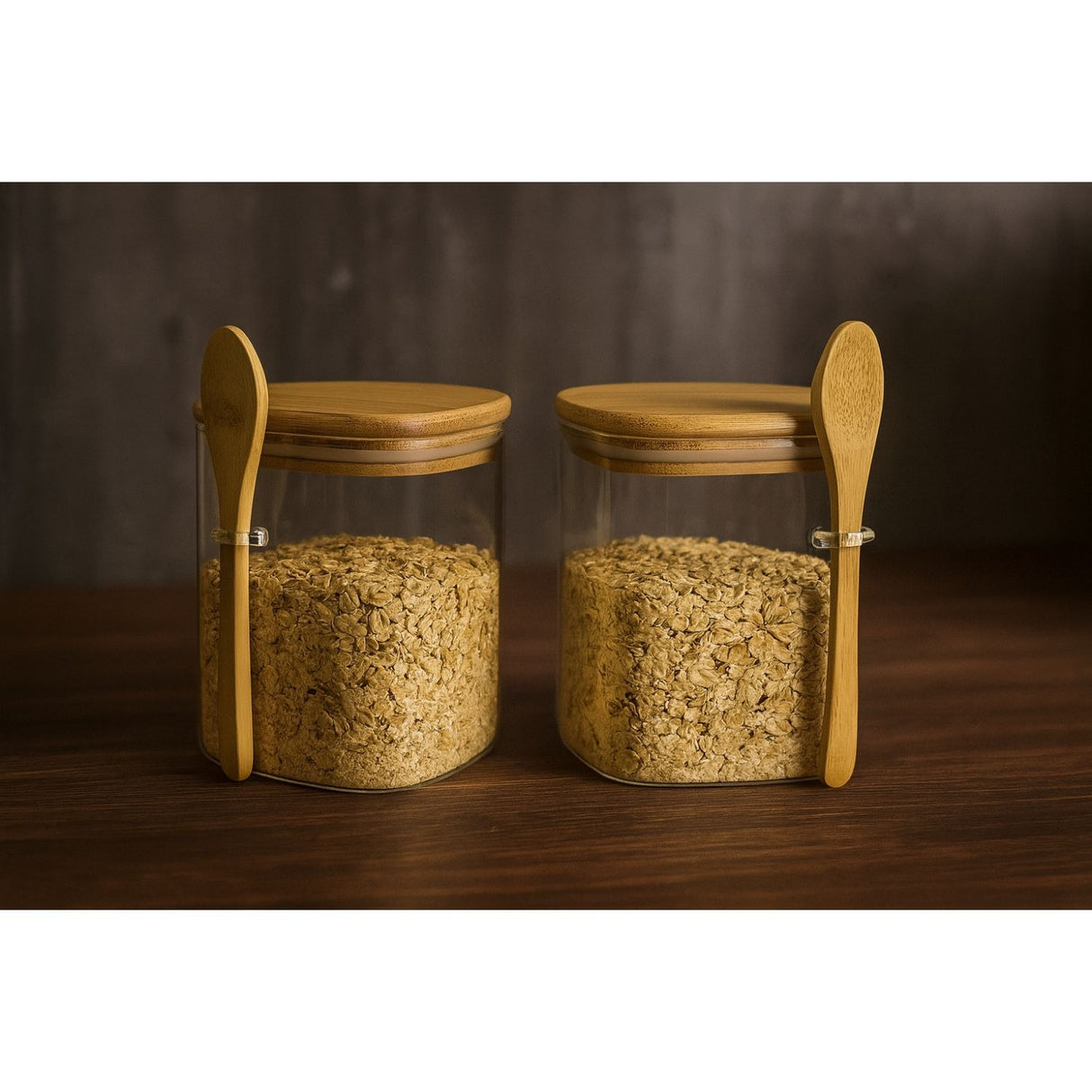 Set 3 Frasco Contenedor 900mL 10cm Cuadrado Cuchara Bambú
