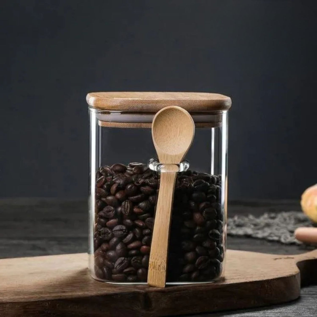 Set 3 Frasco Contenedor 900mL 10cm Cuadrado Cuchara Bambú