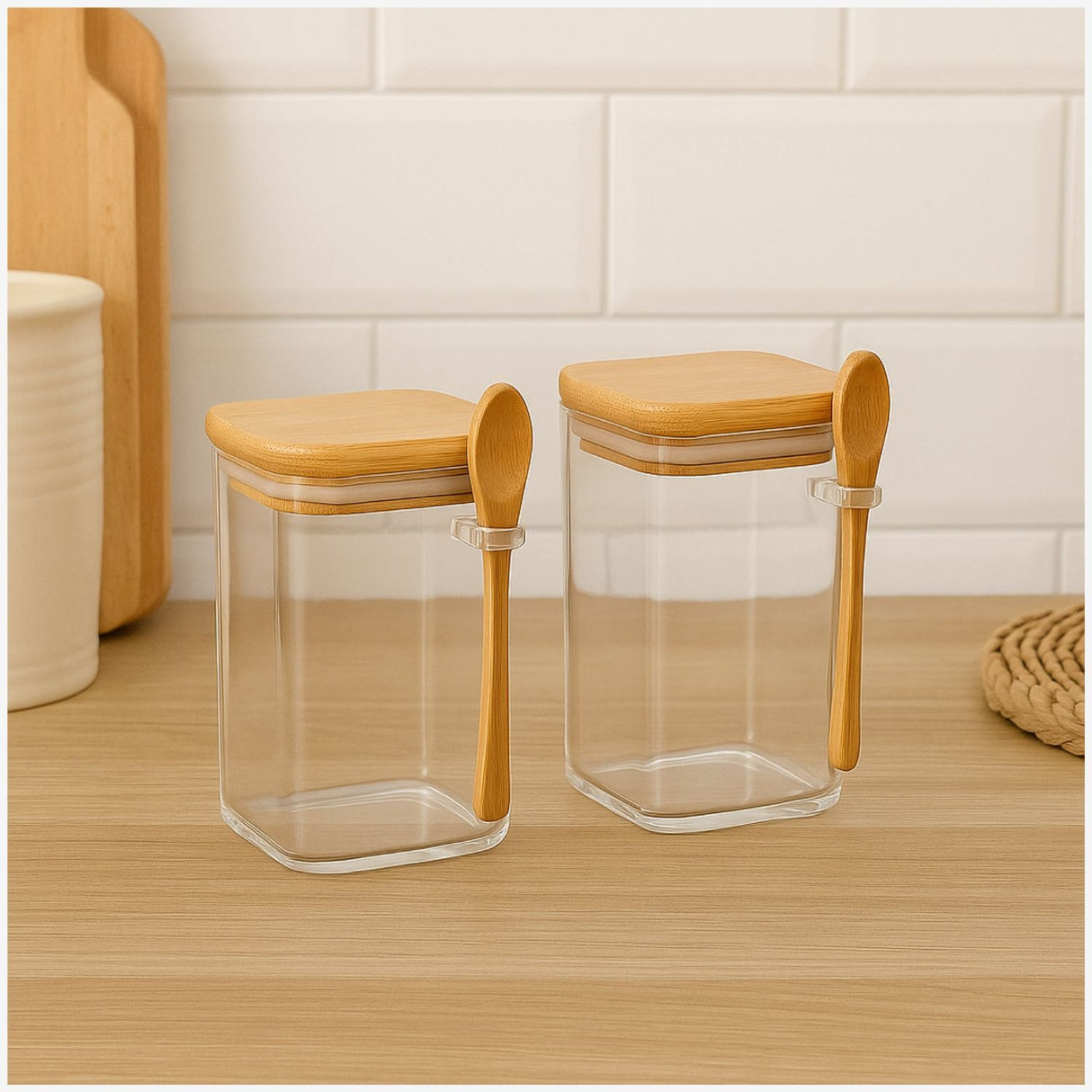 Set 2 Frasco Contenedor 1400mL 15cm Cuadrado Cuchara Bambú