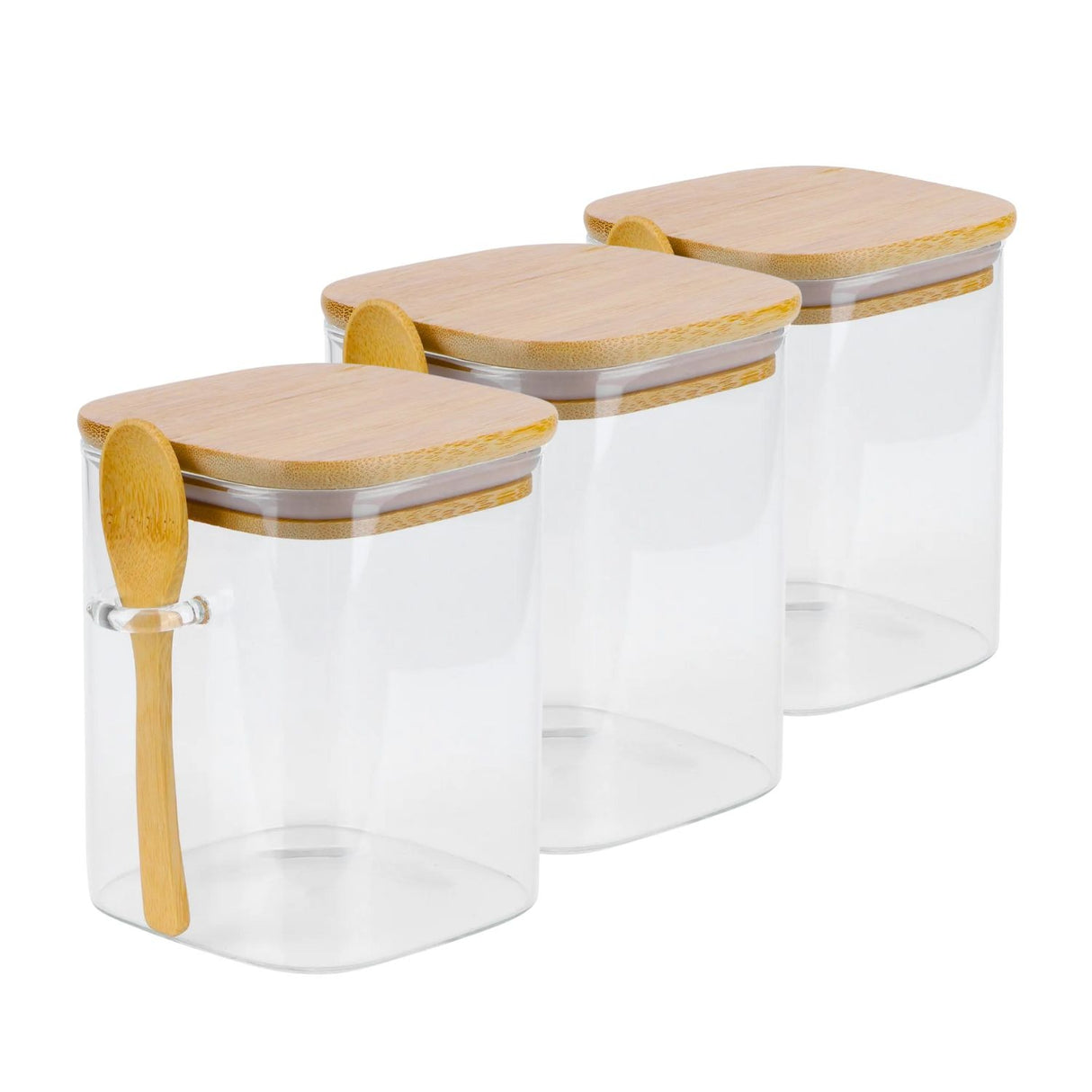 Set 3 Frasco Contenedor 1400mL 15cm Cuadrado Cuchara Bambú