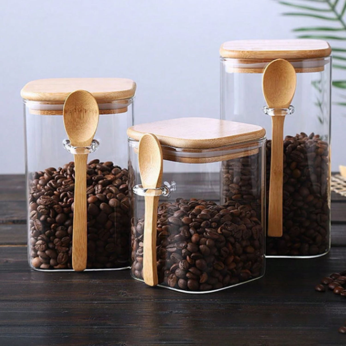 Set 3 Frascos Hermeticos Cuadrado Vidrio Con Cuchara Bambú