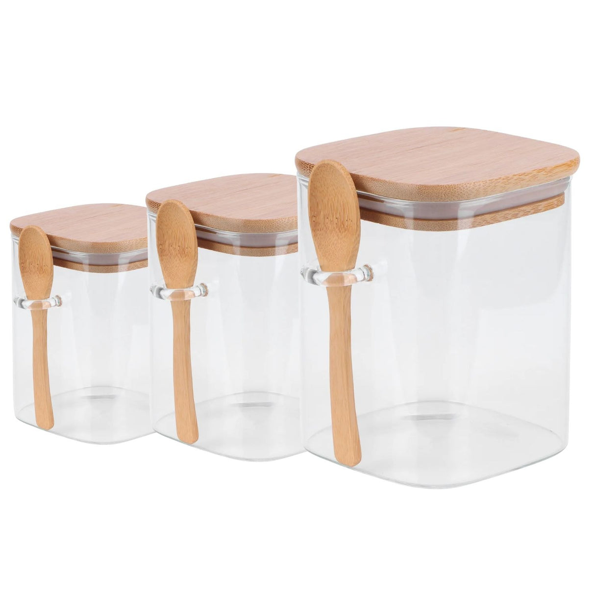 Set 3 Frascos Tarros Cuadrado Vidrio Con Cuchara Bambú