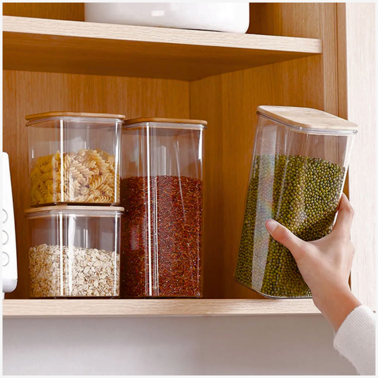 Set 3 Frascos Herméticos 600mL Cuadrado Vidrio 18cm Tapa Bambú. Perfectos para conservar tus alimentos frescos y organizados. ¡Compra ahora y mejora tu cocina!-1
