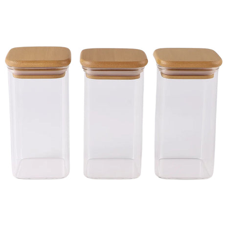 Set 3 Frascos Hermeticos Cuadrado 1100mL Vidrio 12cm Tapa Bambú. Perfectos para conservar tus alimentos frescos. ¡Compra ahora y organiza tu cocina!-1