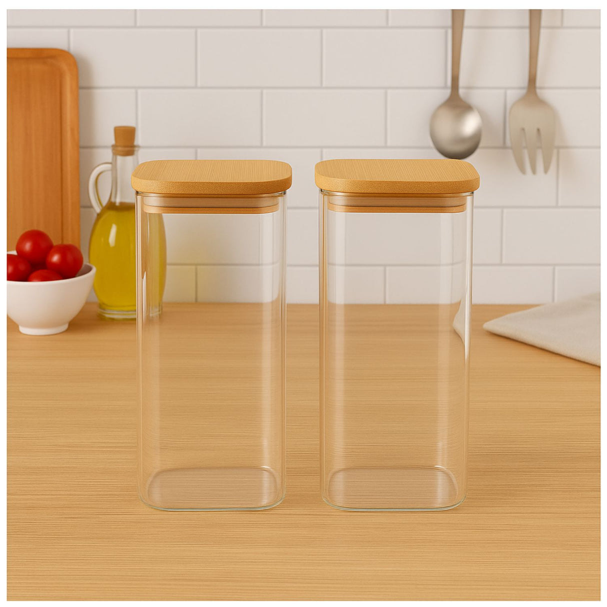 Set 2 Frascos Herméticos Cuadrado 1400mL Vidrio 15cm Tapa Bambú. Perfectos para conservar tus alimentos frescos y organizados. ¡Compra ahora y optimiza tu cocina!-1