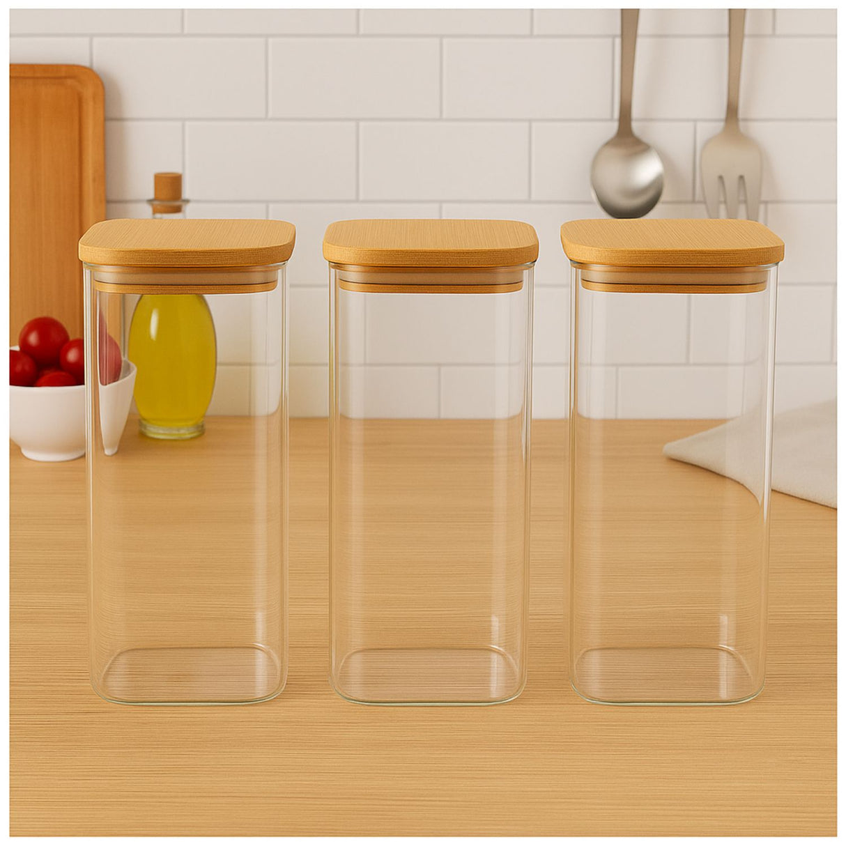 Set 3 Frascos Herméticos Cuadrado 1400mL Vidrio 15cm Tapa Bambú. Perfectos para conservar tus alimentos frescos. ¡Compra ahora y organiza tu cocina!-1