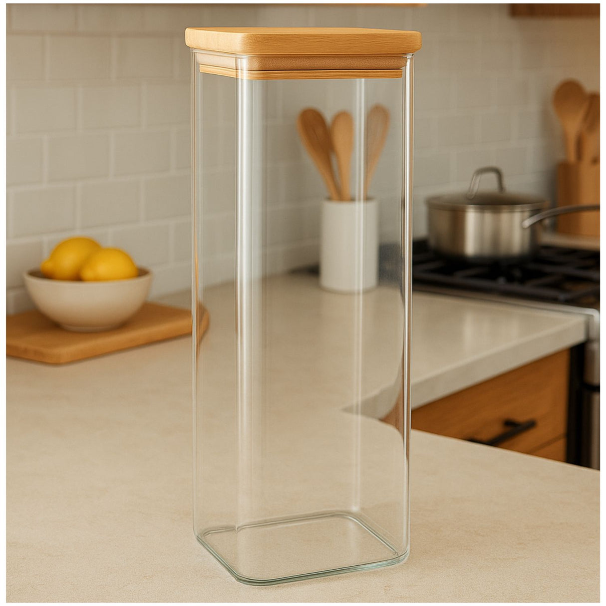 Frasco Hermético Cuadrado 2400mL Vidrio 25cm Con Tapa Bambú. Ideal para conservar alimentos frescos y organizados. ¡Compra ahora y mejora tu cocina!-1