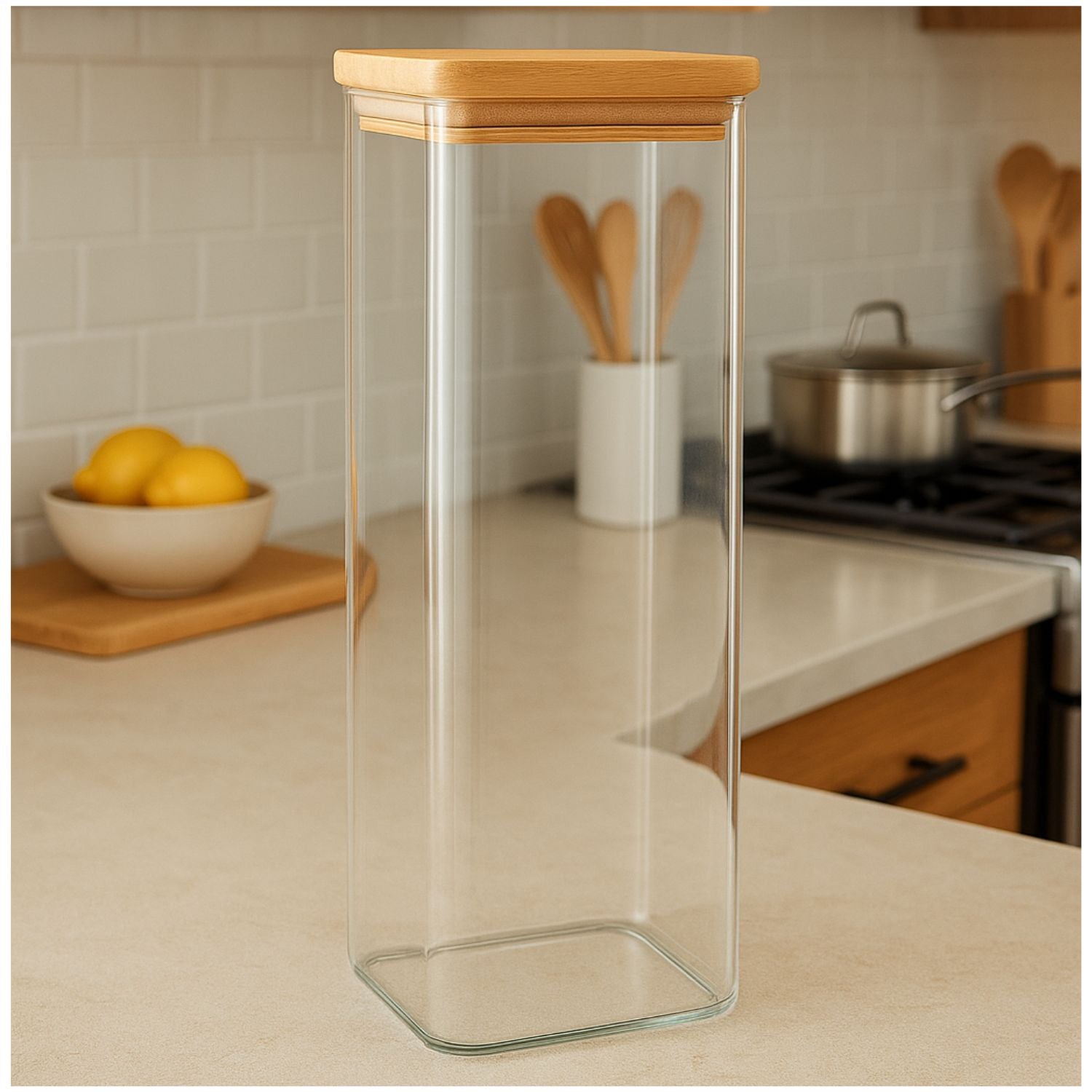 Frasco Hermético Cuadrado 2400mL Vidrio 25cm Con Tapa Bambú. Ideal para conservar alimentos frescos y organizados. ¡Compra ahora y mejora tu cocina!-1