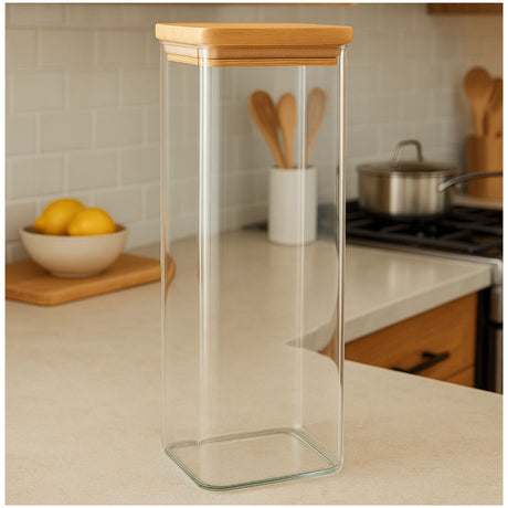 Frasco Hermético Cuadrado 2400mL Vidrio 25cm Con Tapa Bambú. Ideal para conservar alimentos frescos y organizados. ¡Compra ahora y mejora tu cocina!-1