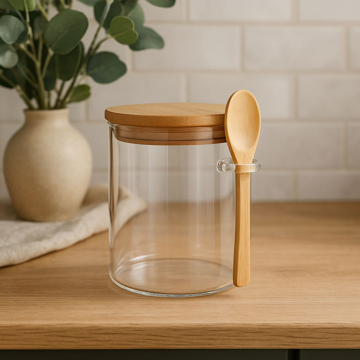 Frasco Contenedor Hermetico Vidrio 10cm Redondo Con Cuchara. Ideal para conservar alimentos frescos y organizados. ¡Compra ahora y mejora tu cocina!-2