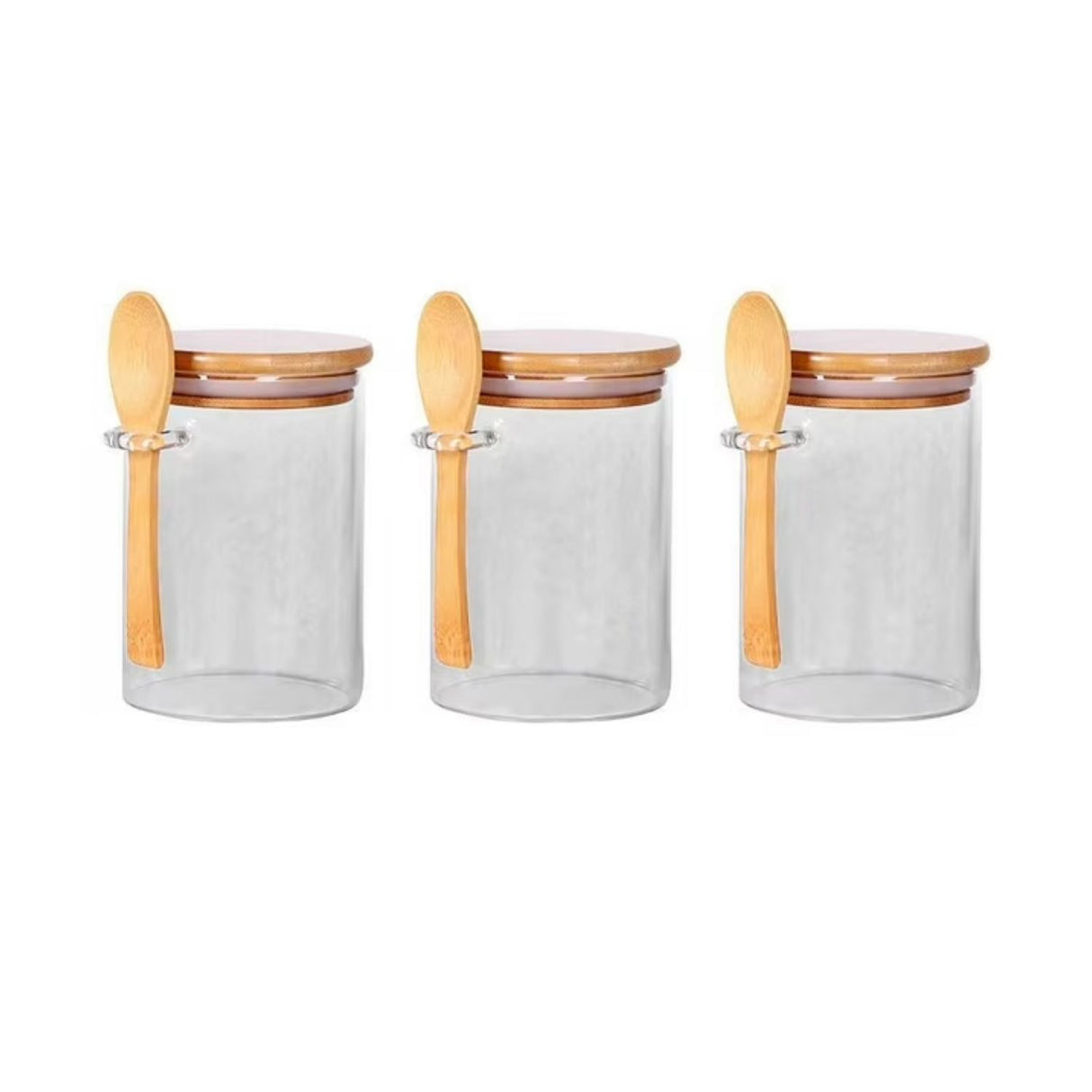 Set 3 Frascos Herméticos 10cm Redondo Cuchara Tapa Bambú. Perfectos para conservar tus alimentos frescos y organizados. ¡Compra ahora y optimiza tu cocina!-1