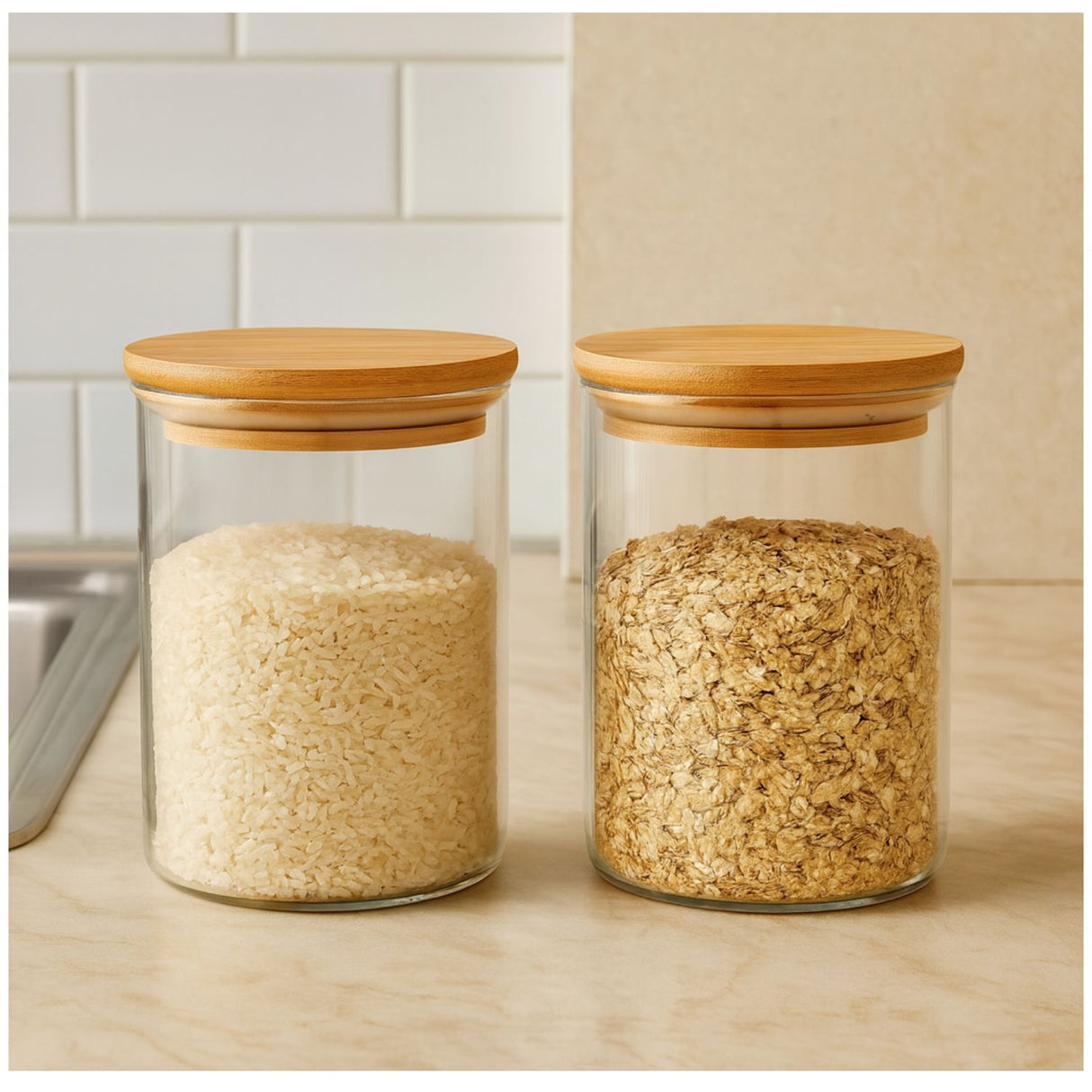 Set 2 Frascos Herméticos 12cm Redondo Cuchara Tapa Bambú. Perfectos para conservar tus alimentos frescos y organizados. ¡Compra ahora y mejora tu cocina!-1