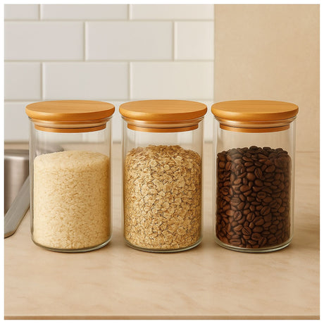 Set 3 Frascos Herméticos 12cm Redondo Cuchara Tapa Bambú. Perfectos para conservar tus alimentos frescos y organizados. ¡Compra ahora y mejora tu cocina!-1