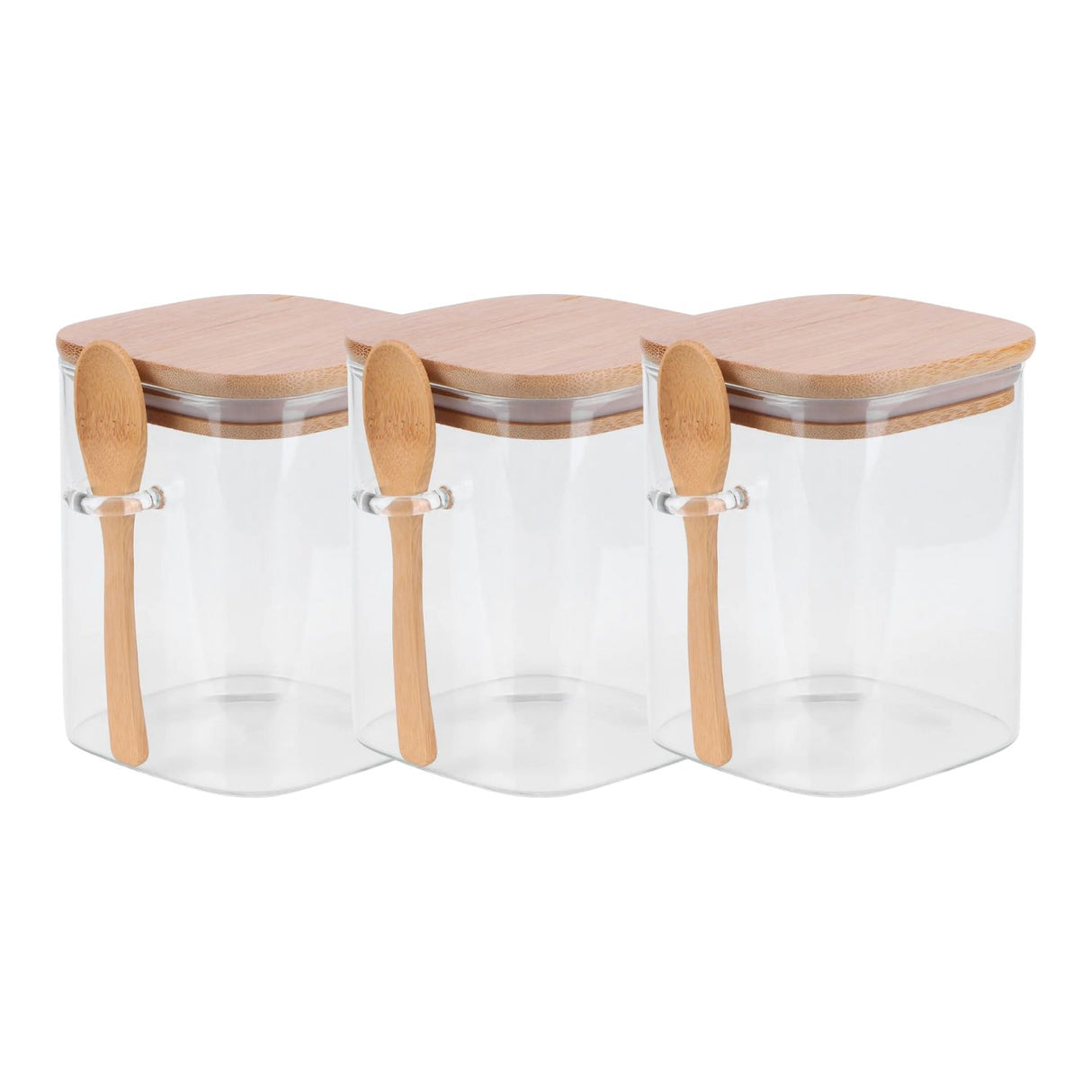 Set 3 Frascos Contenedores 700mL 12cm Cuadrado Cuchara Bambú. Perfectos para organizar tu cocina con estilo. ¡Compra ahora y transforma tu espacio!-1
