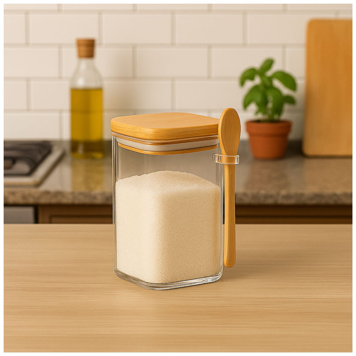Frasco Contenedor Hermetico 900mL Vidrio 15cm Cuadrado Cuchara. Ideal para conservar alimentos frescos. ¡Compra ahora y organiza tu cocina!-1
