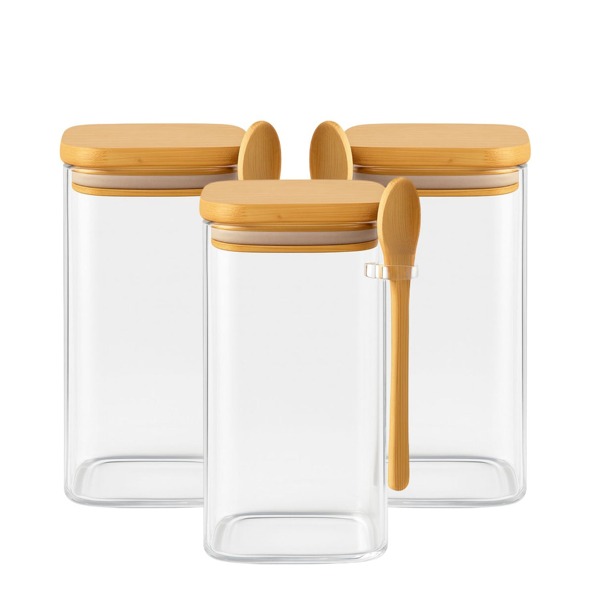 Set 3 Frascos Contenedores 900mL Vidrio 15cm Cuadrado Cuchara. Perfectos para organizar tu cocina con estilo. ¡Compra ahora y transforma tu espacio!-1