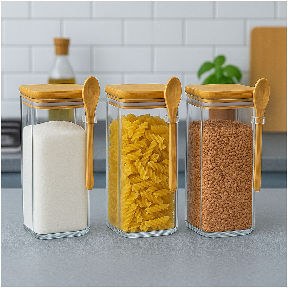 Set 3 Frascos Contenedores 900mL Vidrio 15cm Cuadrado Cuchara. Perfectos para organizar tu cocina con estilo. ¡Compra ahora y transforma tu espacio!-3