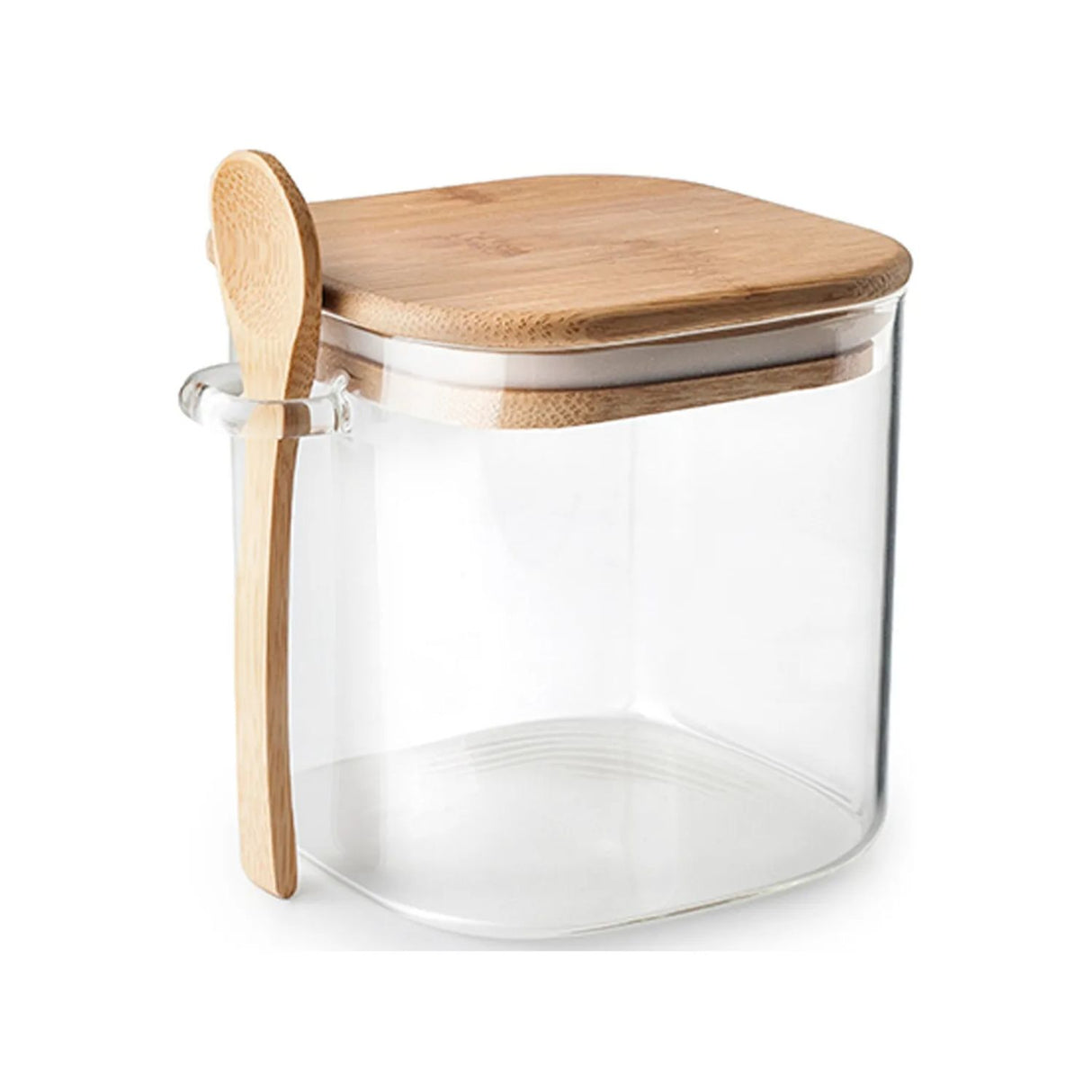 Frasco Contenedor Vidrio 1100mL12cm Cuadrado Cuchara Bambú, ideal para almacenar alimentos frescos y saludables. ¡Compra ahora y organiza tu cocina!-1